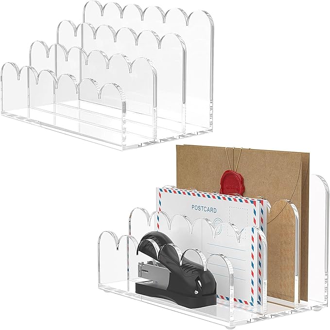 YAGELI 2 Pack 3-Slot Acrylic Mail Organizer for Desktop – Scalloped Clear Document Sorter, Vertical File Holder for Office/Home, Space-Saving Desk Organizer for Letters, Bills, Stationery-DeskLoop Office