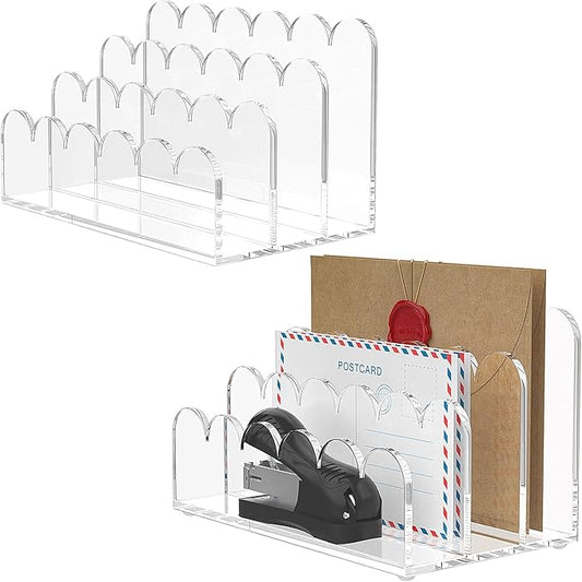 YAGELI 2 Pack 3-Slot Acrylic Mail Organizer for Desktop – Scalloped Clear Document Sorter, Vertical File Holder for Office/Home, Space-Saving Desk Organizer for Letters, Bills, Stationery-DeskLoop Office