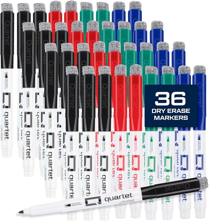 Quartet Dry Erase Markers, Fine Tip White Board Dry Erase Markers with DryGuard Ink Protection, Office Essentials, Black, Red, Blue, Green, 36 Pack (Q120Z03-R)-DeskLoop Office