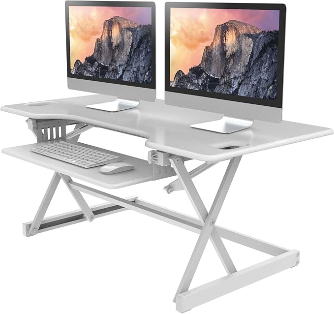 Rocelco 46" Large Height Adjustable Standing Desk Converter - Quick Sit Stand Up Triple Monitor Riser - Gas Spring Assist Computer Workstation - Retractable Keyboard Tray - White (R DADRW-46)-DeskLoop Office