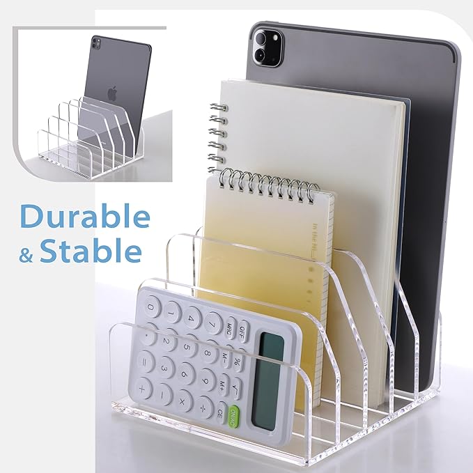 SANRUI Acrylic Desk File Organizer Holder for Desk, Clear Laddered 5 Upright Compartments Mail Sorters, Multifunction Desktop Envelope Folder Racks Document Holders for Office, Home, School-DeskLoop Office