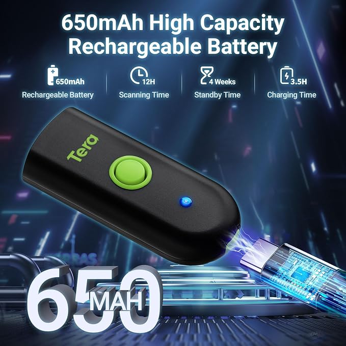 Tera Mini 1D Barcode Scanner: Pocket Waterproof Wireless Laser Scanner 3 in 1 Compatible with Bluetooth USB Wired Portable Bar Code Reader for Store Logistics Work with iOS Windows Android 1100L Green-DeskLoop Office