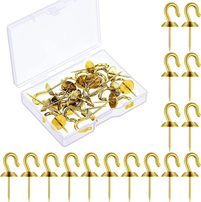 Hotop 60 Pieces Push Pin Wall Hooks Metal Thumb Tack Hangers Iron Alloy Nail Decorative Picture Hooks for 20 Lbs Home Office School Party Supply (Gold)-DeskLoop Office