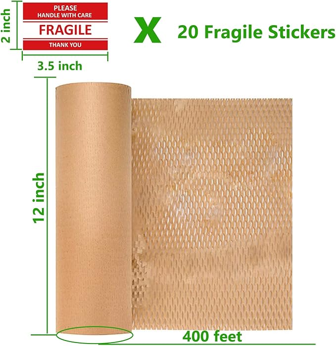 Honeycomb Packing Paper, 12" x 400' Honeycomb Cushioning Wrap Roll for Moving Shipping Packaging Gifts, Recyclable Honeycomb Paper Bubble Paper Wrapping with 20 Fragile Sticker Labels-DeskLoop Office