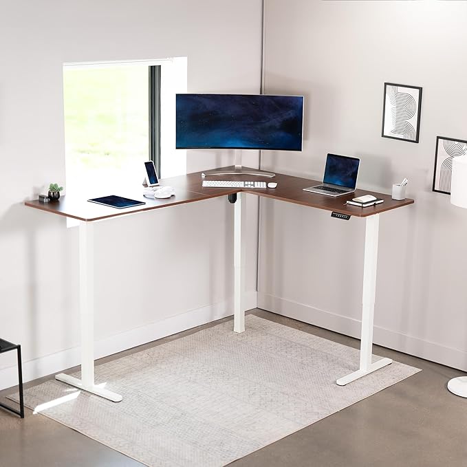 VIVO Electric Corner L-Shaped 75 x 63 in Standing Desk, Memory Height Adjustment, Dark Walnut Top White Frame, DESK-E3CTWD-75-DeskLoop Office