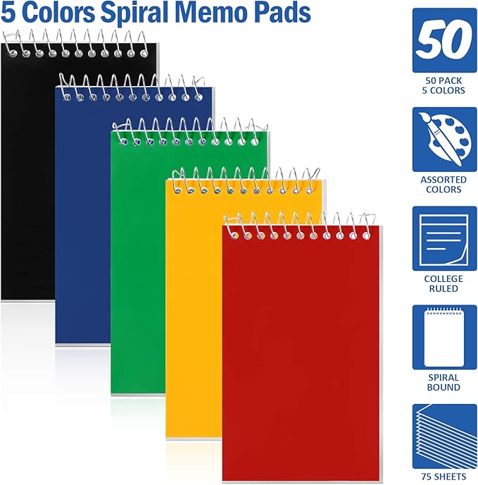50 Pieces Spiral Memo Pads Bulk 3 x 5 Inch Small Note Pads Top Bound Lined College Ruled Paper Mini Notepad Pocket Spiral Notebooks for School Office Home Supplies, 75 Sheets (Bright Colors)-DeskLoop Office