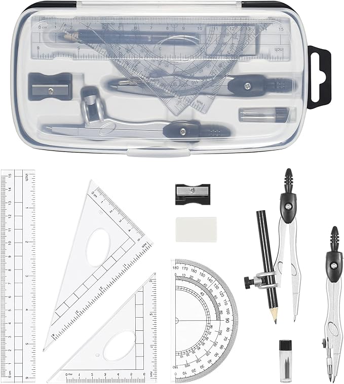 Math Geometry Kit Sets 10 Piece Student Supplies with Shatterproof Storage Box,Includes Rulers,Protractor,Compass,Eraser,Pencil Sharpener,Lead Refills,Pencil,for Drafting and Drawings(Black)