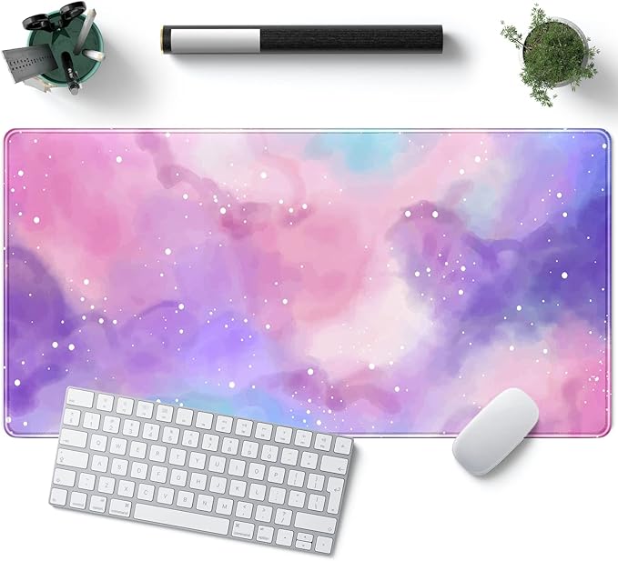 Desk Pad Purple Starry Sky Cute Gaming Mouse Pad Galaxy Gamer Girl Cute Pink Desk Decor Keyboard Desk Mat, Stitched Edges Desktop with Stitched Edges Non-Slip Large Computer Mat 31.5x15.7 in-DeskLoop Office