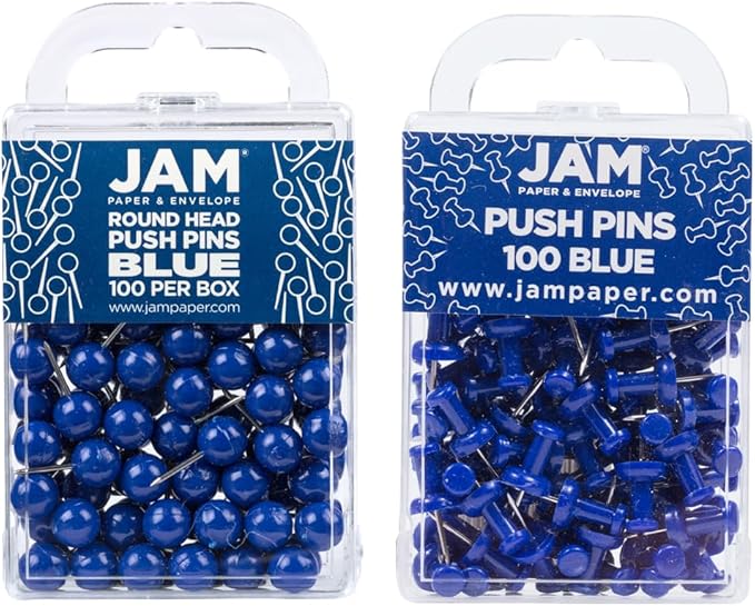 JAM PAPER Colorful Push Pins - Flat & Round Head Thumb Tack Combo Set - Blue Pushpins - 200/Pack-DeskLoop Office