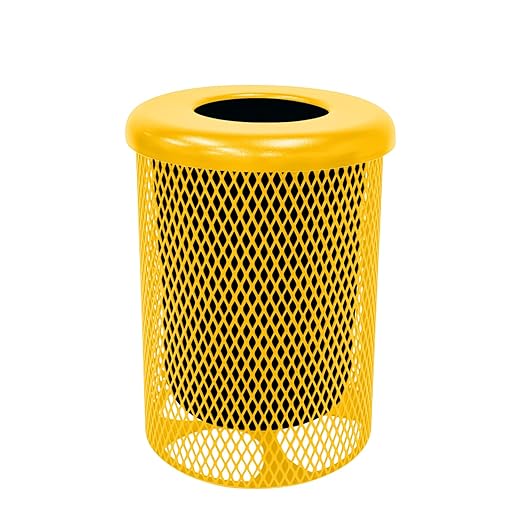 Coated Outdoor Furniture 32-Gallon Heavy-Duty Expanded Metal Round Trash Receptacle, Commercial Outdoor Waste Bin with Liner & Black Flat Top Lid – Made in America (Textured Yellow)-DeskLoop Office