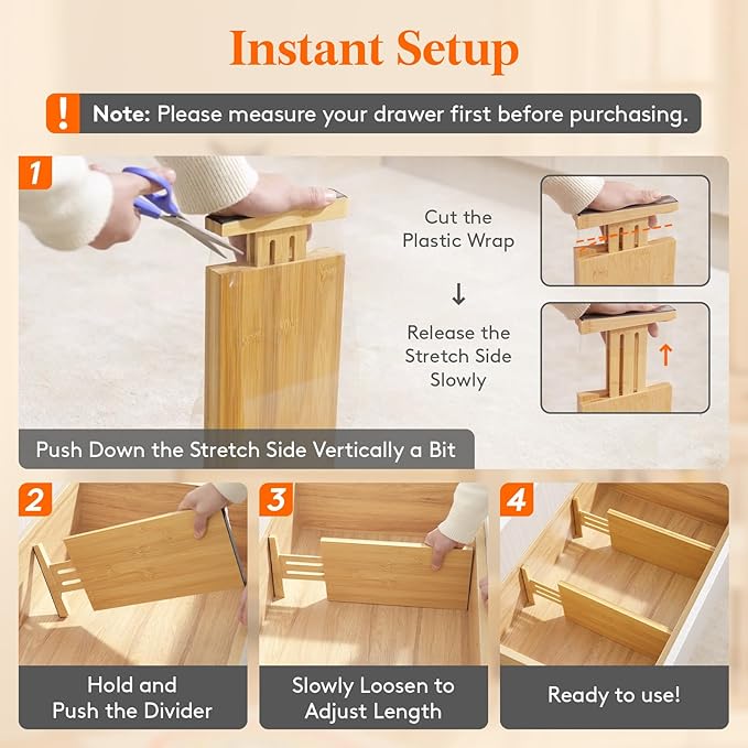 Lifewit 4 Pack Drawer Dividers Bamboo 6" High, 11-17" Adjustable Drawer Organizers for Clothes, Expandable Dresser Separators in Bedroom/Bathroom/Kitchen/Fridge/Office Organization and Storage-DeskLoop Office