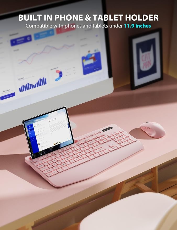 Wireless Keyboard and Mouse Combo - Full-Sized Ergonomic Keyboard with Wrist Rest, Phone Holder, Sleep Mode, Silent 2.4GHz Cordless Keyboard Mouse Combo for Computer, PC, Laptop, Mac, Windows -Trueque-DeskLoop Office