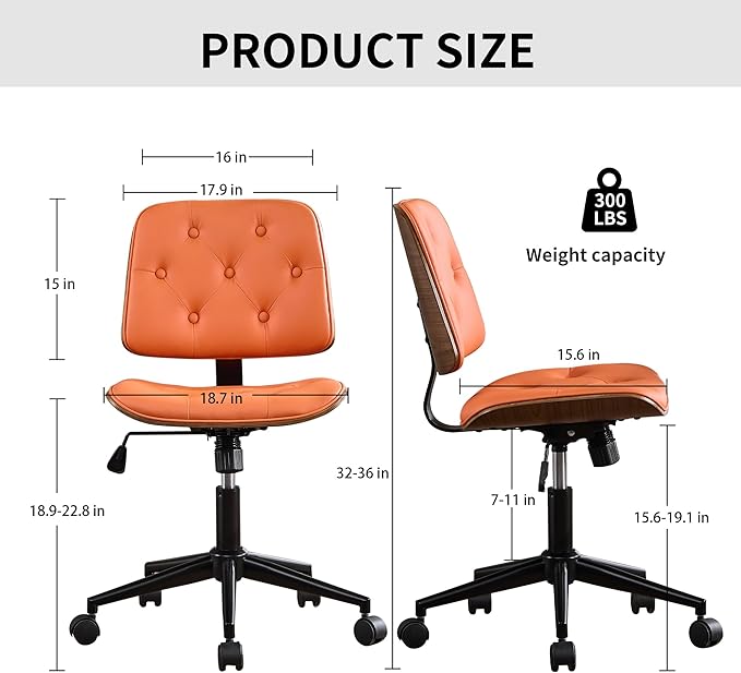 Small Armless Desk Chair – PU Leather Mid-Back Ergonomic Office Chair with Adjustable Height, Swivel Wheels, Walnut Frame, Ideal for Small Office, Study, or Bedroom, Orange-DeskLoop Office