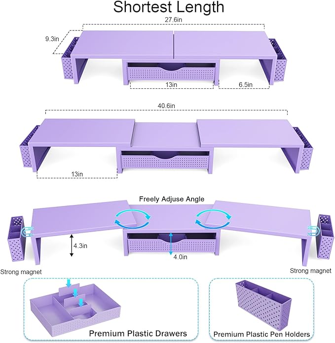 gianotter Dual Monitor Stand Riser, Desk Organizer With Drawer and 2 Pen Holders, Desk Organizers and Accessories, Purple Office Decor (Purple)-DeskLoop Office