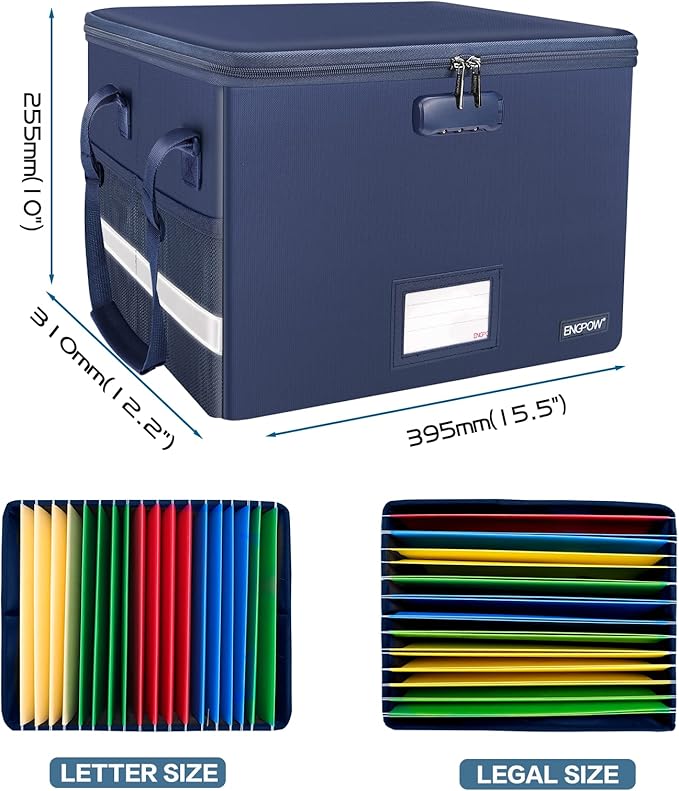 ENGPOW File Box with Lock, Fireproof Document Box with Pockets, Collapsible File Organizer Filing Storage Cabinet with Handle, Portable Home Office Safe for Hanging Letter/Legal Folders, Blue, 2 Pack-DeskLoop Office