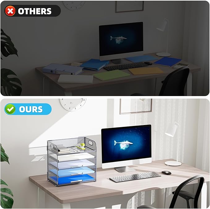 Marbrasse Paper Organizer Letter Tray, 5 Tier Mesh File Organizer with Handle, Paper Sorter Desk Organizer for Home Office Supplies - Grey-DeskLoop Office