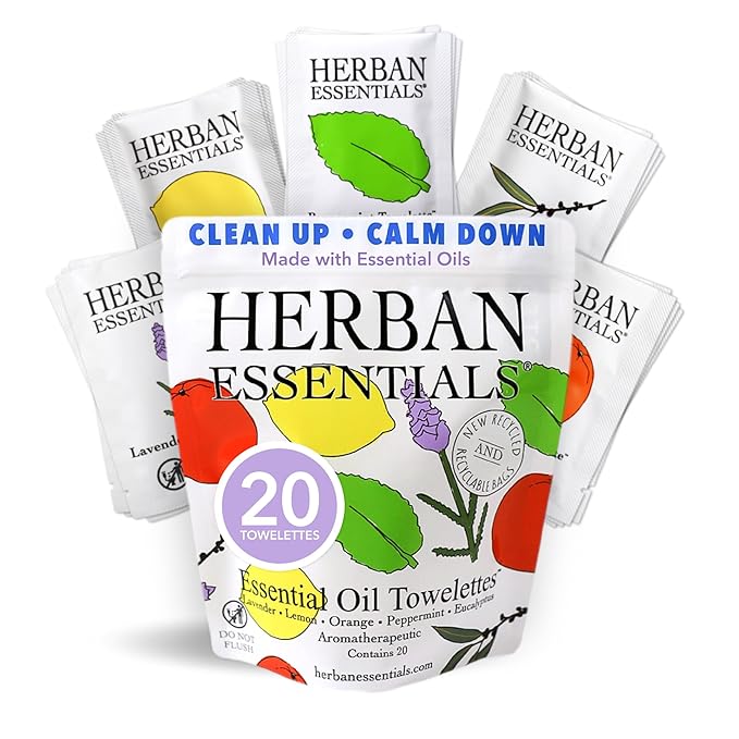 Herban Essentials - Assorted Wipes & Towelettes - Essential Oil Wipes for Hands, Face and Body - Travel Size Essentials and Toiletries - Natural, Individually Wrapped, Disposable and Moist (20 count)-DeskLoop Office