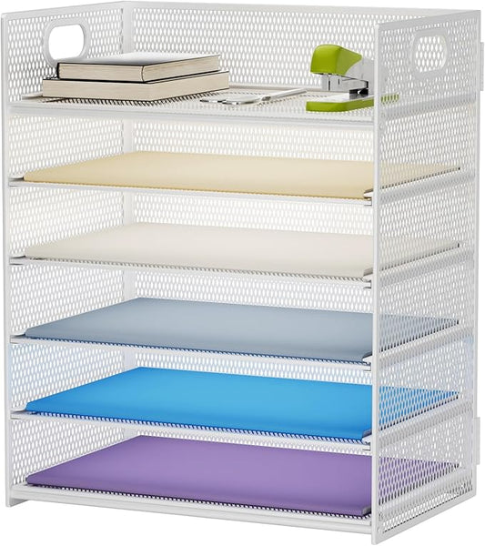 Marbrasse 6 Tier Paper Organizer Letter Tray - Mesh Desk File Organizer with Handle, Paper Sorter for Letter/A4 Office File Folder Holder - White-DeskLoop Office