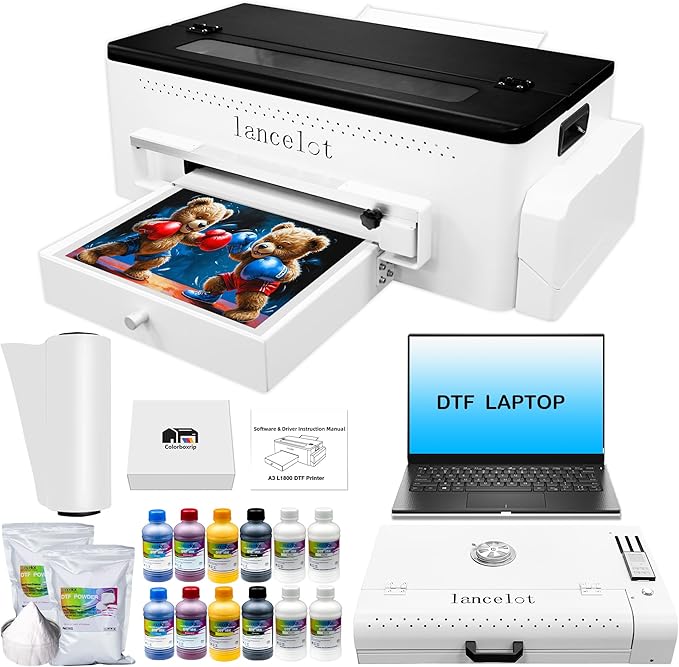 Lancelot A3 l1800 DTF Transfer Printing Machine with Roll Feeder, White Ink Circulation and Easy Operation,DTF Printer Bundle for Dark and Light Clothing (Printer+Oven+Laptop+consumable)-DeskLoop Office