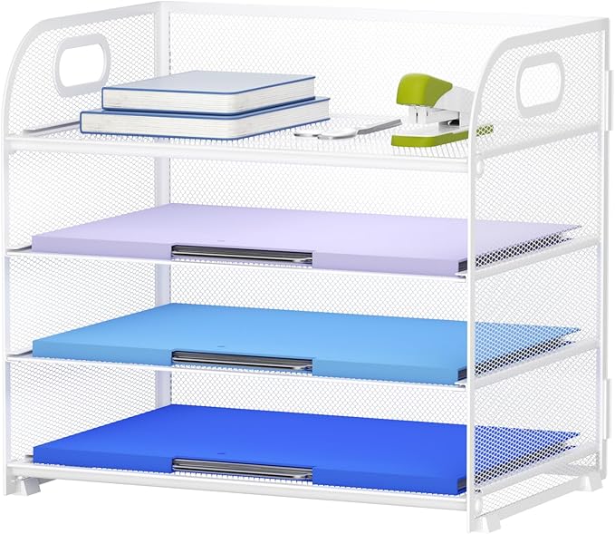 Marbrasse 4 Tier Paper Organizer Letter Tray, Mesh Desk File Organizer with Handle, Paper Sorter Organizer for Letter /A4 Office File Folder Holder(White, 12.6" x 9.1" x 10.7")-DeskLoop Office