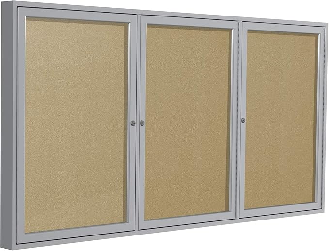 Ghent 36" x 72" 3-Door Outdoor Enclosed Bulletin Board with Lock, Vinyl Material, Shatter Resistant Acrylic Panels, Made in the USA, Satin Aluminum Frame - Caramel-DeskLoop Office