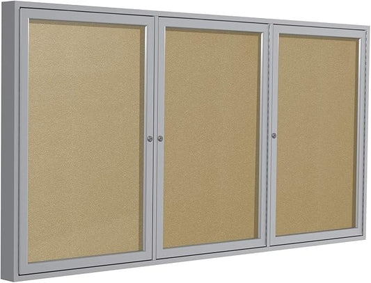 Ghent 36" x 72" 3-Door Outdoor Enclosed Bulletin Board with Lock, Vinyl Material, Shatter Resistant Acrylic Panels, Made in the USA, Satin Aluminum Frame - Caramel-DeskLoop Office