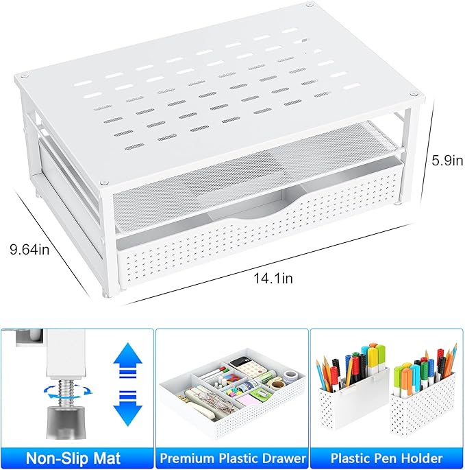 gianotter Desk Organizers and Accessories, Monitor Stand with Drawer and 2 Pen Holder, Desktop Organizer Suitable for Offices and Dormitories (White)-DeskLoop Office