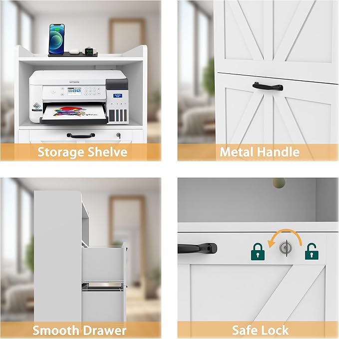 2 Drawer Lateral File Cabinet with Charging Station, Wood Filing Cabinet with Lock & LED Light, Large Storage Printer Stand for Home Office, White-DeskLoop Office