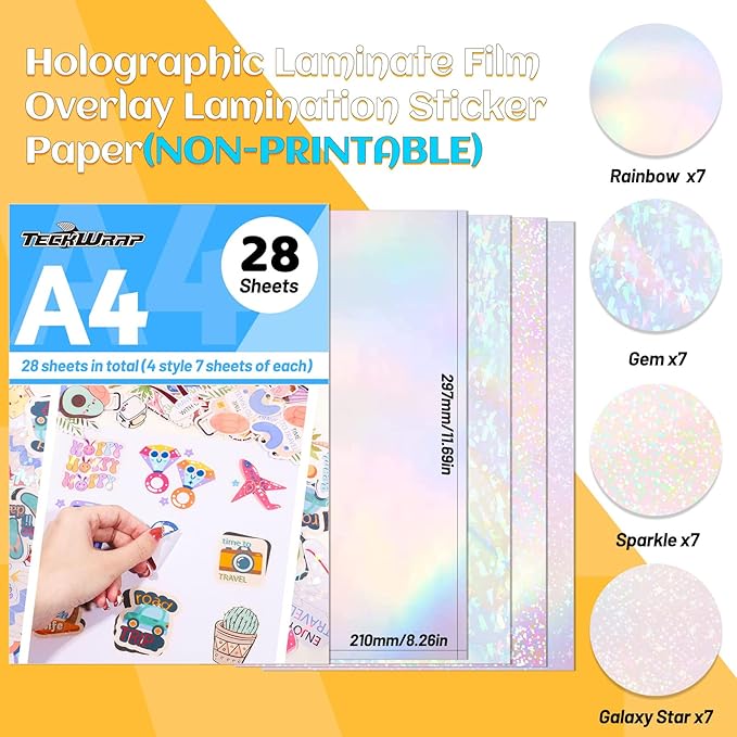 TECKWRAP Holographic Laminate Sheets for Stickers Self Adhesive Vinyl Laminating Sheets Holographic Sticker Paper Clear Vinyl for Inkjet Printer 8.26" x 11.69" A4 28 Sheets (Rainbow,Gem,Star, Sparkle)-DeskLoop Office