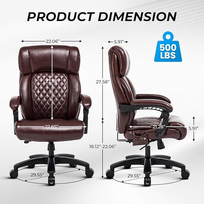 Lumbar Massage Office Chair, 500LBS Big and Tall Office Chair, Heavy Duty Ergonomic Executive Reclining Chair with High Back and Lumbar Support, Brown-DeskLoop Office