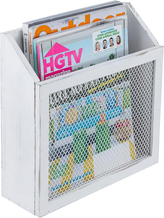 MyGift Rustic Magazine Holder Vintage White Wood and Chicken Wire Design Wall Mounted/Tabletop Mail Sorter, Farmhouse Home, Bathroom, Office Magazine Rack-DeskLoop Office