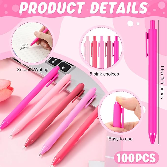 100 Pcs Ballpoint Pens Bulk Retractable Writing 1. 0 mm Black Ink Cute Pens Smooth Writing Color Fancy Gift for Teacher Student Employee Office School Home Baby Shower Supplies (Pink Series)-DeskLoop Office