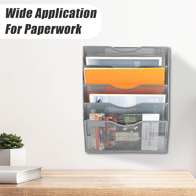 EASEPRES 5 Pocket Mesh Hanging Wall File Organizer, Wall Mounted Mail Paper Document Folder Holder, Clipboard Storage Organization Magazine Rack with Nametag Label for Office Home School, Gray-DeskLoop Office