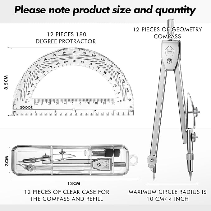 Zonon 12 Set Student Protractor and Compass Set, Student Geometry Math Set, Compass for Geometry and 180 Degree Math Protractor for Drawing Measuring School Office-DeskLoop Office