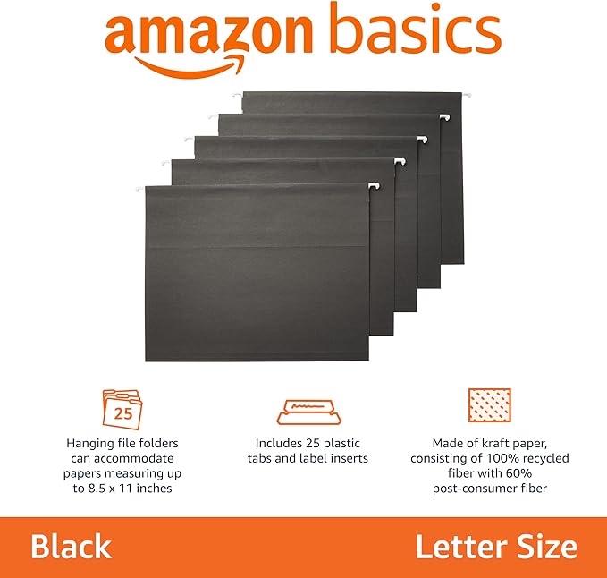 Amazon Basics Hanging File Folders, Letter Size, 8.5x11 inches, Black, 25-Pack-DeskLoop Office