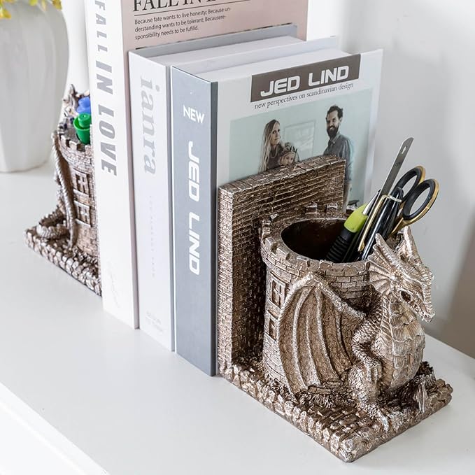 MyGift Gothic Brown Resin Dragon Guarding Castle Pencil Cup Bookends, Office Desk Book Ends with Decorative Fantasy Dragons and Stone Tower Pen Holders, 1 Pair-DeskLoop Office