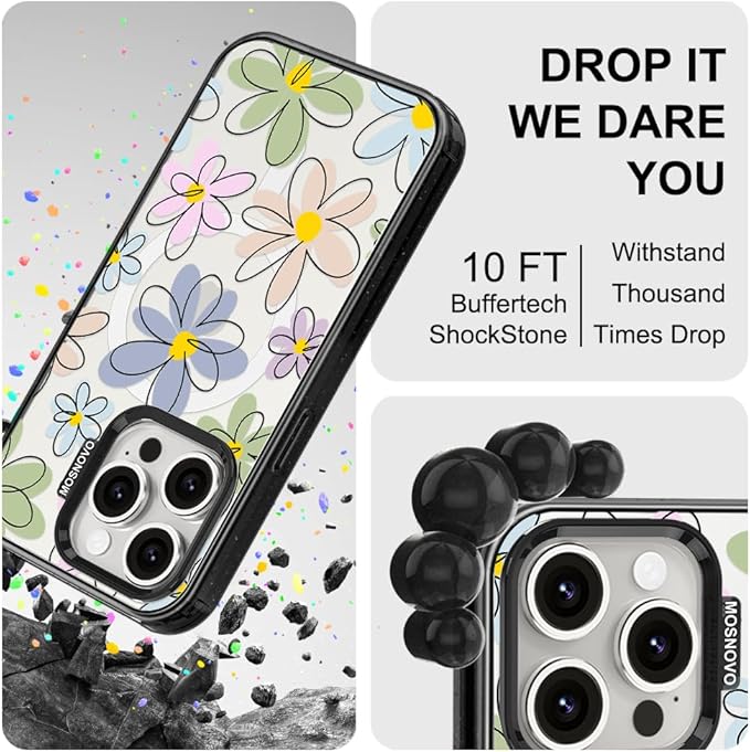 MOSNOVO Magnetic Case for iPhone 15 Pro, 10ft Military-Grade Protection, Compatible with Magsafe, Shockproof Phone Case for iPhone 15 Pro - Linear Blooms - Clear Black-DeskLoop Office