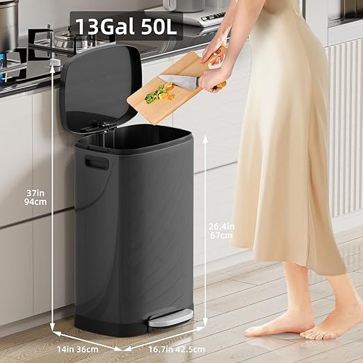 KUK 13 Gallon Kitchen Trash Can with Lid, 50L/13Gal Office Step Garbage Can for Home, Kitchen, Laundry Room, Office, Brushed Stainless Steel, Titanium Black-DeskLoop Office