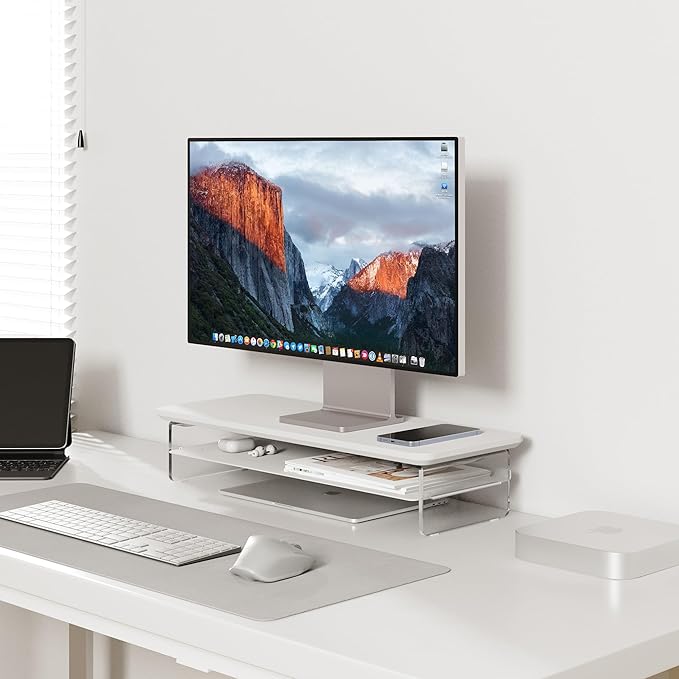 Fenge Acrylic Monitor Stand Riser, 23.6 Inches Monitor Stand with Metal Storage, 2 Tier Acrylic Computer Riser for Desk, Clear Laptop Stand for PC, Laptop, Printer, TV, White-DeskLoop Office