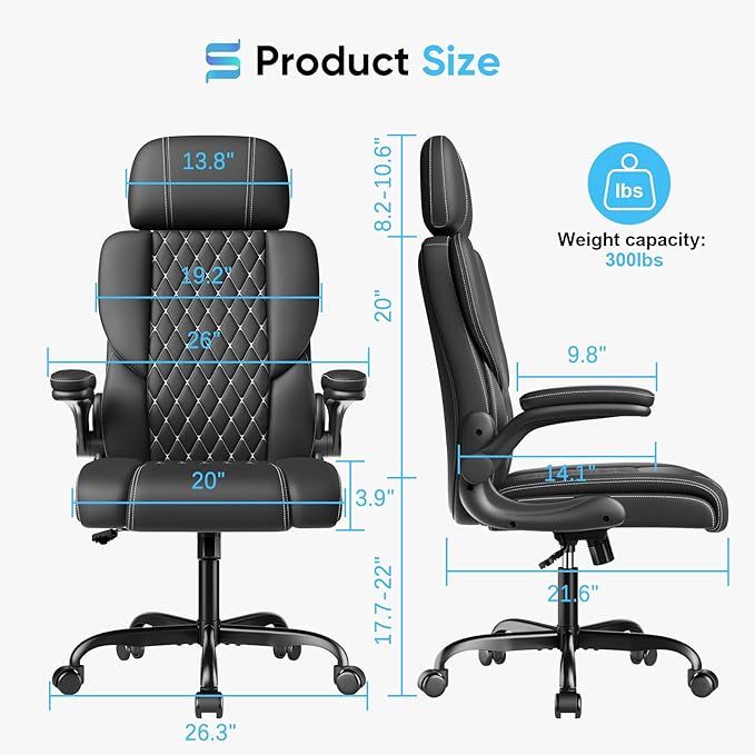 Sytas Executive Leather Office Chair, Comfy Desk Chair with Adjustable Headrest & Flip-up Padded Arms & Lumbar Support, Adjustable Hight and Tilt, Rolling Swivel Chair, Black-DeskLoop Office