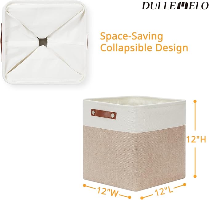 DULLEMELO Cube Storage Bins - 4 Pack Foldable Large Storage Baskets 12 inch Gifts Empty Fabric Bins for Home Office Cubes Organizer Closet, Shelves, Toy, Nursery (4 Pack - 12" White&Khaki)-DeskLoop Office