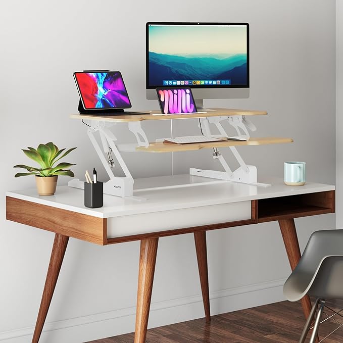 Mount-It! Height Adjustable Standing Desk Converter, 38” Wide, Desk Riser for 2 Monitors, Manual Gas Spring Sit Stand Desktop Raises to 16.9", Fits Two Monitor Screens with Keyboard Mouse Tray Maple-DeskLoop Office