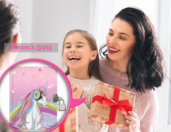 GINMLYDA Girls Diary with Lock for Kids, 7x5.25 Inches 160 Lined Pages Secret Unicorn Notebook for Girls Journal with Lock for Kids Pre School Writing Drawing Cute Girls Gifts for Birthday-DeskLoop Office