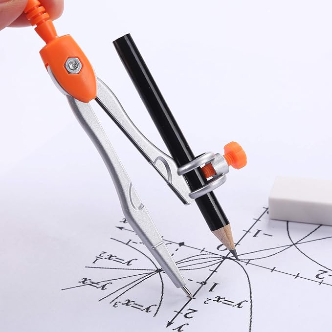 Math Geometry Kit Sets 10 Piece Student Supplies with Shatterproof Storage Box,Includes Rulers,Protractor,Compass,Eraser,Pencil Sharpener,Lead Refills,Pencil,for Drafting and Drawings(Orange)