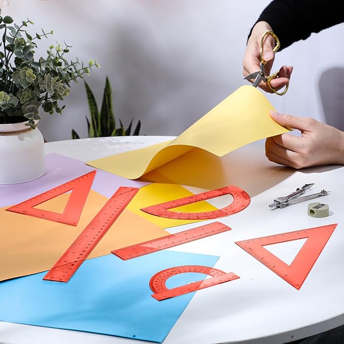 Tenare 6 Pcs Plastic Ruler Math Set Includes 12 Inch 6 Inch Straight Protractor Triangle Geometry Transparent Math Ruler Measuring Tools for School Office Home (Orange)-DeskLoop Office