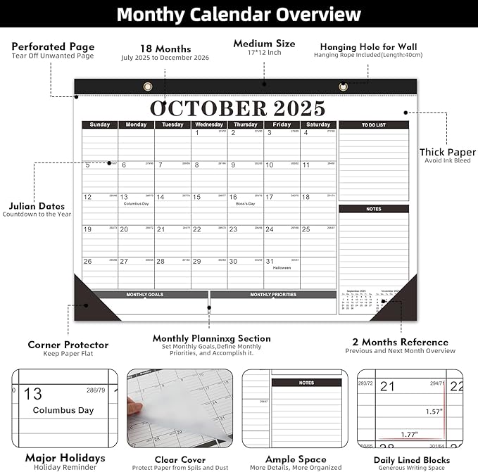 Tcamp Desk Calendar 2025-2026 from July 2025 to December 2026, Large 17" x 12" Wall Calendar with Julian Dates, 18 Months Desk Planner for Home School Office Desktop, Christmas Gifts-DeskLoop Office