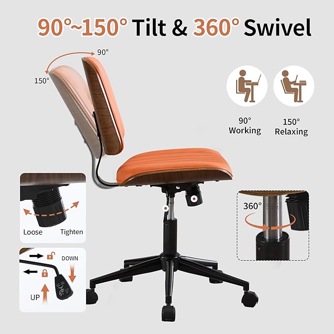 Small Home Office Chair - Armless Mid Back Desk Chair with 360° Swivel and Wheels, PU Upholstered Height Adjustable Modern Walnut Computer Chair for Home, Office Meeting Room - Orange-DeskLoop Office