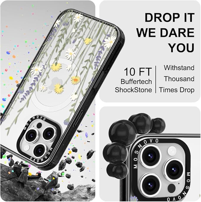 MOSNOVO Magnetic Case for iPhone 16 Pro Max, 10ft Military-Grade Protection, Compatible with Magsafe, Shockproof Phone Case for iPhone 16 Pro Max - Wild Meadow - Clear Black-DeskLoop Office