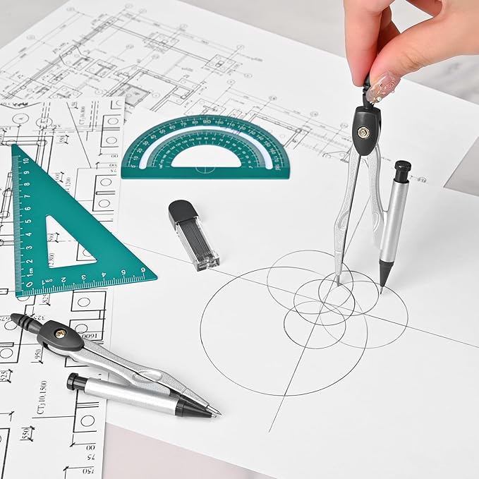 6 Pcs Metal Geometry Set, Math Geometry Kit, Metal Ruler Set and Compass Geometry Tool, Rulers Protractor and Compass Set for Student School and Drawings Supplies (Green)-DeskLoop Office