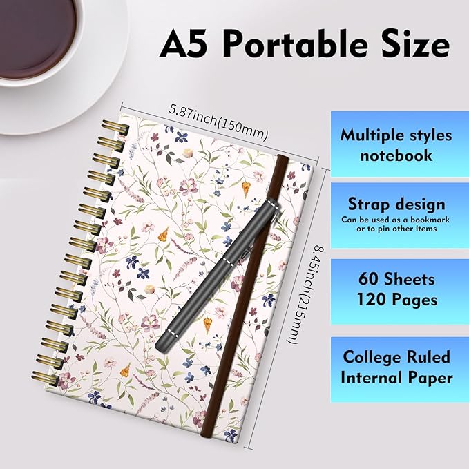 Spiral Journal Notebook, A5 Cute Notebooks for Women Men, College Ruled Hardcover Notebook for Work & Note Taking, 60 Pages Double-Wire Journals for Writing, Colorful Flower Branch-DeskLoop Office